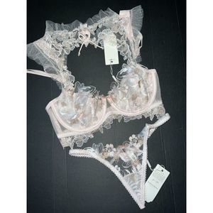 For LOVE & LEMONS high neck 36DD BRA SET XL thong MAE pink white gold EMBROIDER